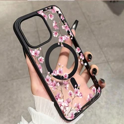 Elegant Floral Pink Cherry Magnetic Case with Wireless Charging Compatibility - Galaxy S23 Ultra (Black)