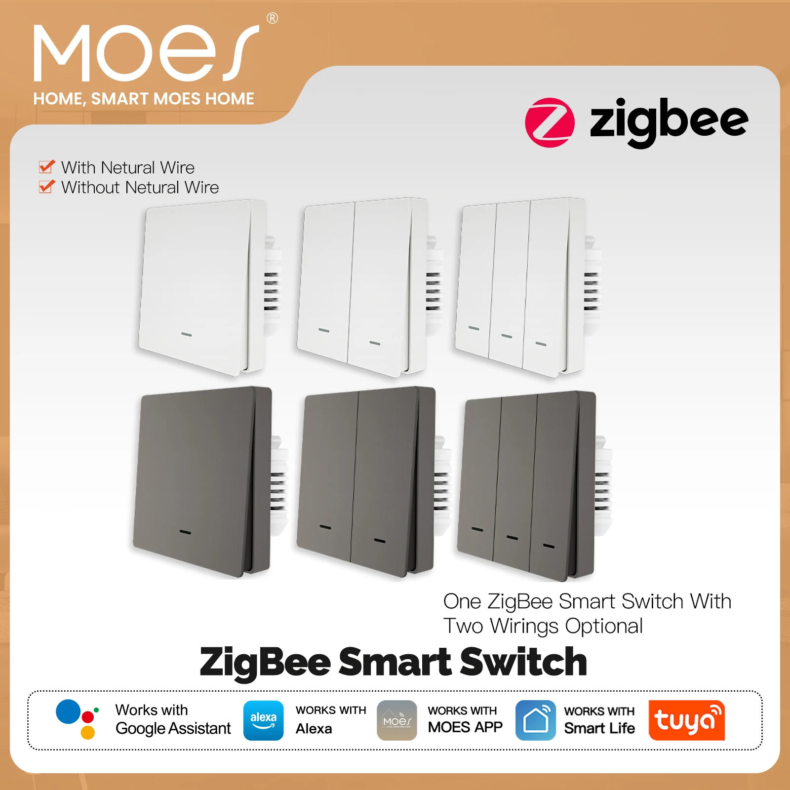 สวิตช์ไฟอัจฉริยะ MOES Tuya ZigBee ไม่ต้องใช้สายนิวทรัล ไม่ต้องใช้คาปาซิเตอร์ รองรับ Smart Life 2/3 ทาง ใช้งานร่วมกับ Alexa และ Google Home 1