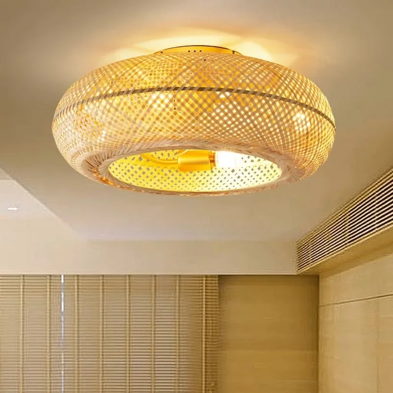 Bamboo Ceiling Fan Fans With Lights Remote Control Bedroom Decor Ventilator Lamp 50cm Air Invisible Blades Retractable Silent