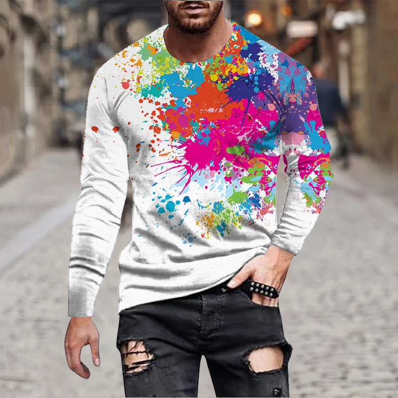 Mens Long Sleeve Tie Dye T Shirt Casual Streetwear