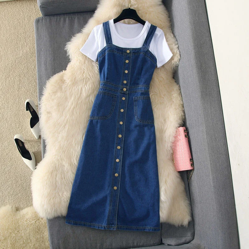Korean Fashion Denim Overall Dress Women Spaghetti Strap Button