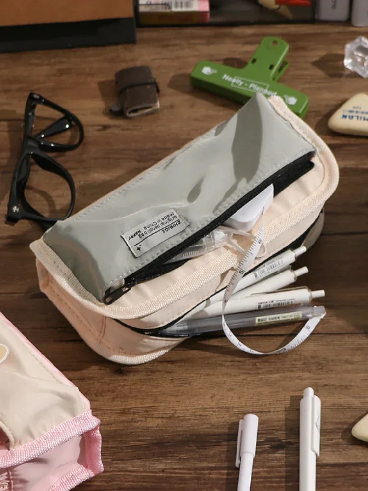 간단한 패션 트리플 레이어 연필 가방 대용량 연필 케이스 펜 연필 홀더 학생 문구 주최자