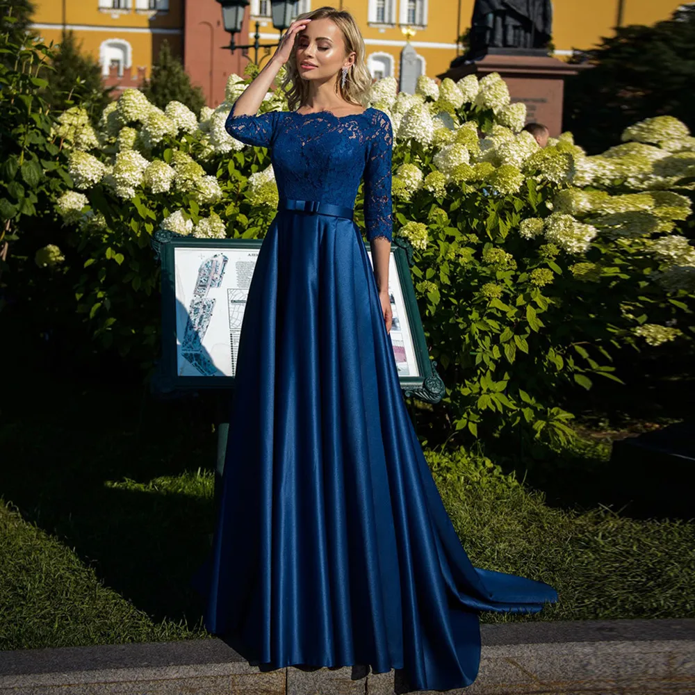

Elegant Royal Blue Lace Mother Of The Bride Dress Scoop Neck Three Quarter Sleeves Bow Belt Satin A-line Mother Gowns