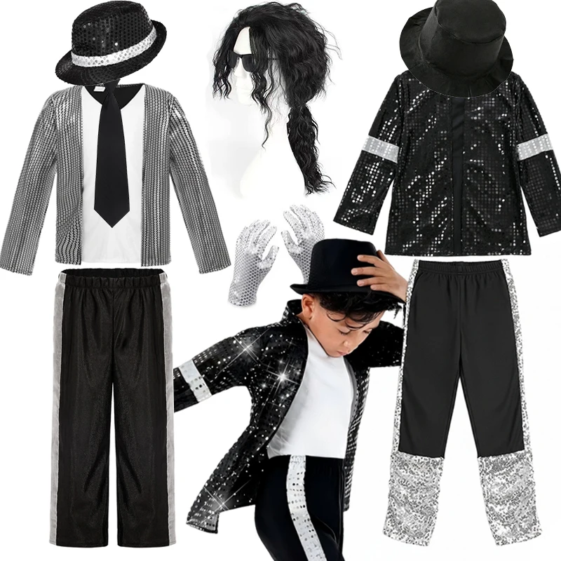 Jungen 70er 80er Pop Rock Superstar Kostüm Jackson Moonwalk Retro Kleidungsset für Kinder Cosplay Bühnenauftritt Tanzshow Kleidung