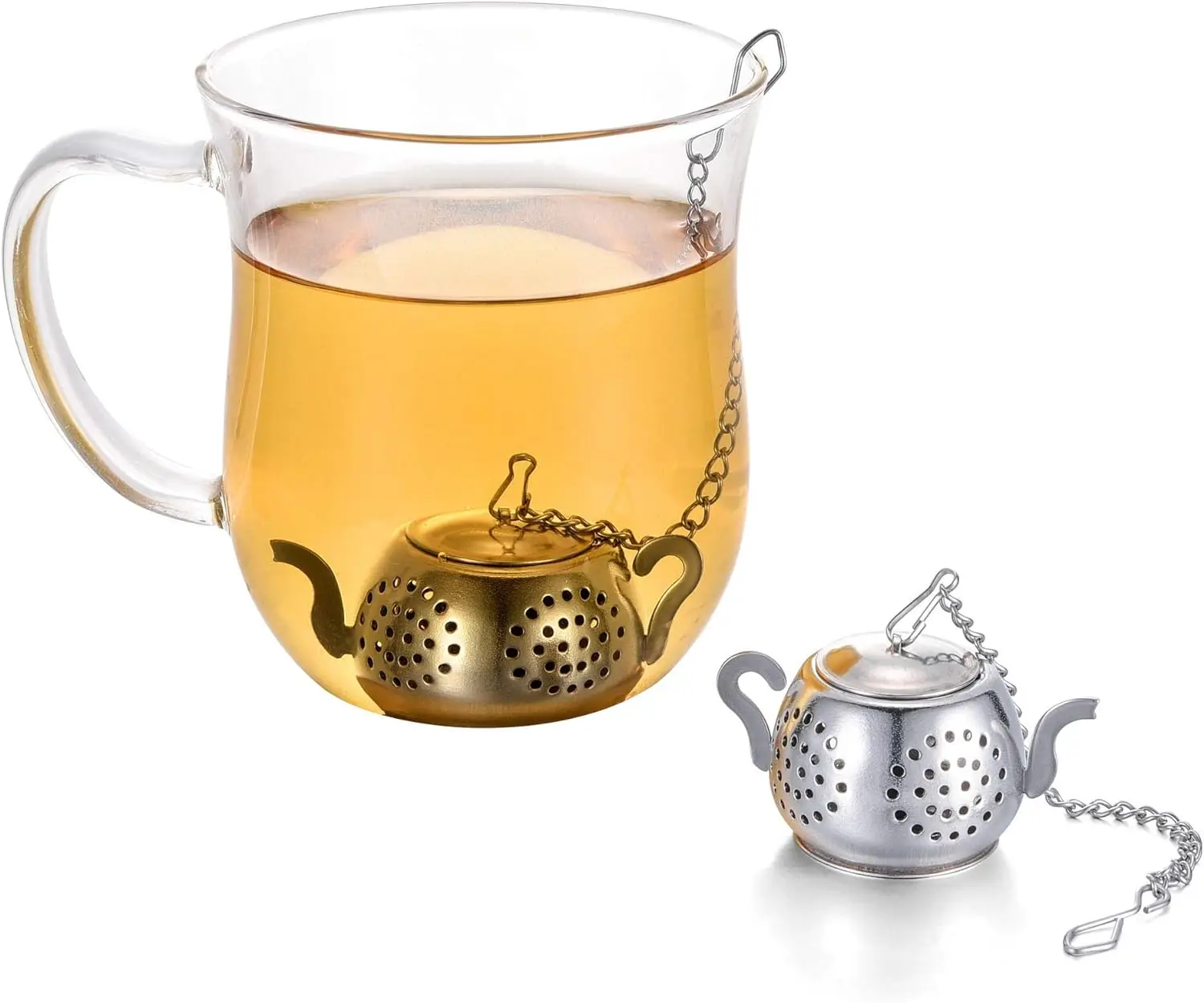 Infusore a sfera in acciaio inox con filtro e gancio a catena allungabile per infusione di tè in foglie._voghion.com