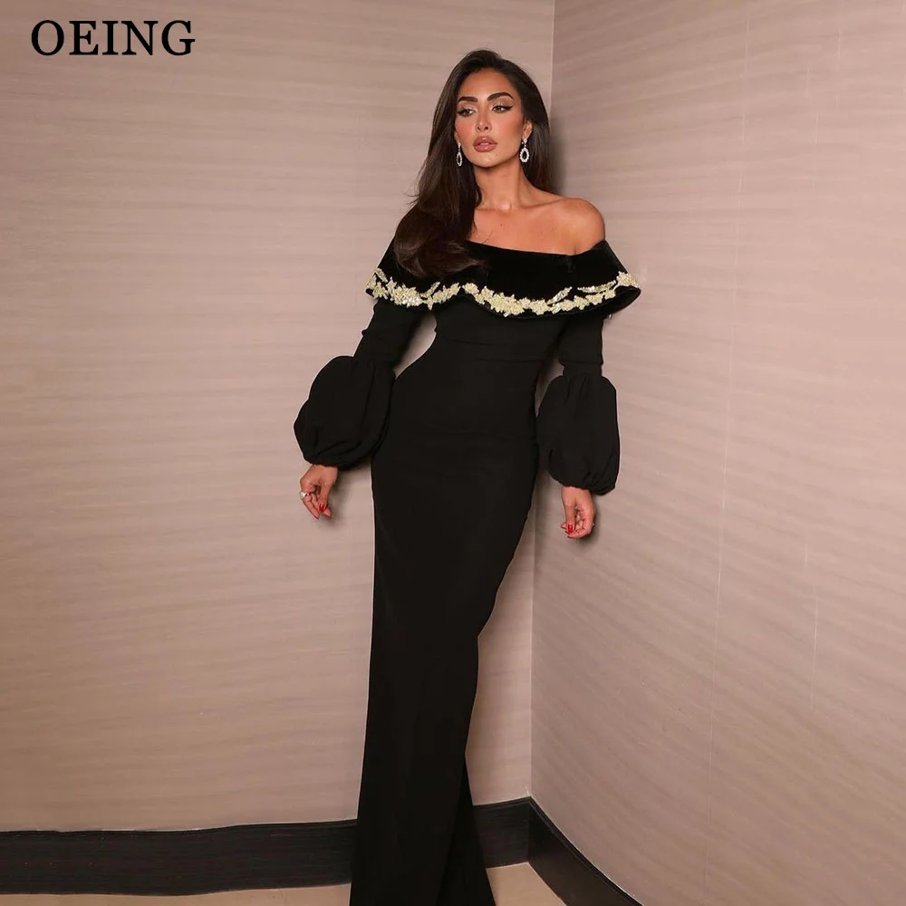 

OEING Black Saudi Arabic Women Evening Dresses Elegant Off The Shoulder Long Sleeves Simple Dubai Formal Party Prom Gowns 2024