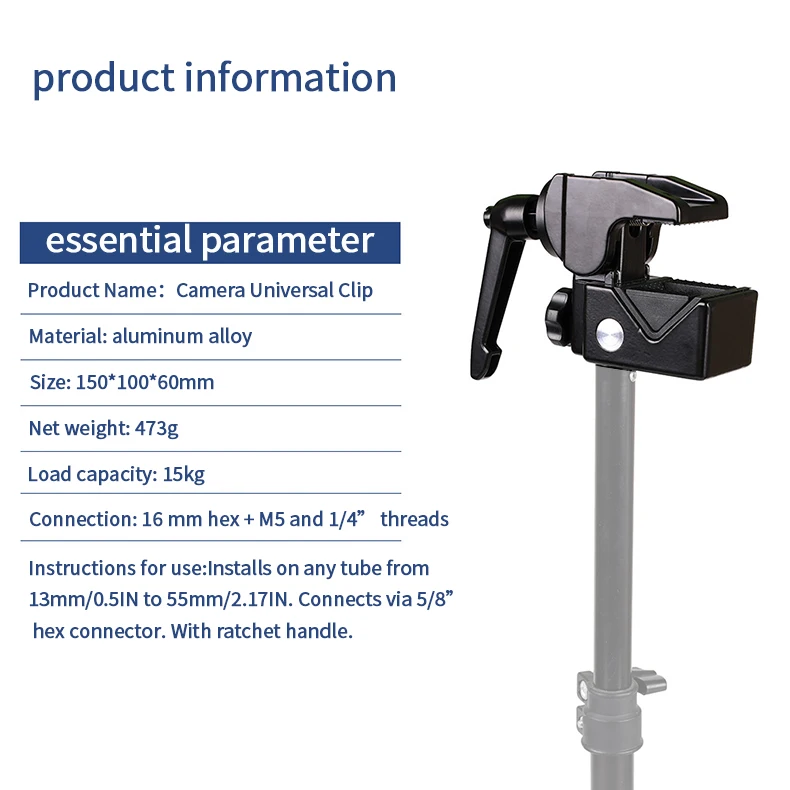 Description Picture 3 of itemUltra-strong universal metal photographic crab clip for 5cm round tube tripod light stand and3cm square tube with 1/4 screw hole