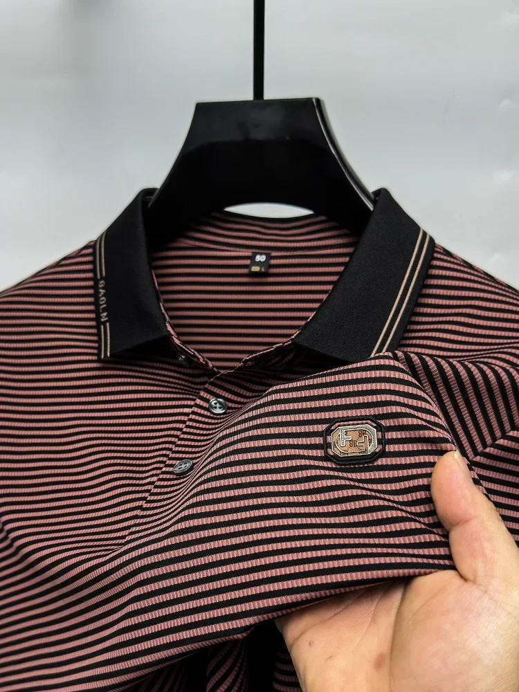 High end ice silk breathable short sleeve T-shirt men summer fashionable stripes top luxury brand embroidered casual POLO shirt