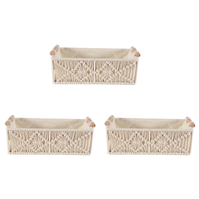 

3X Boho Storage Basket Decor Box Handmade Woven Decorative Countertop Organizer Macrame Baskets For Bedroom Living Room