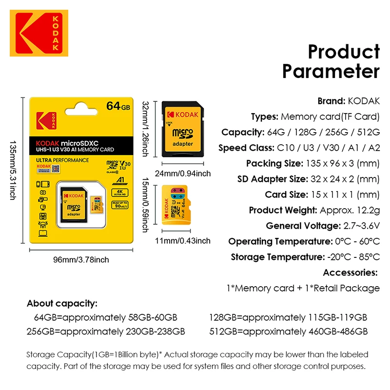 KODAK 마이크로 SD 카드 메모리 카드 클래스 10, 128GB, 4K, 고속 플래시 메모리, TF 메카드 C10