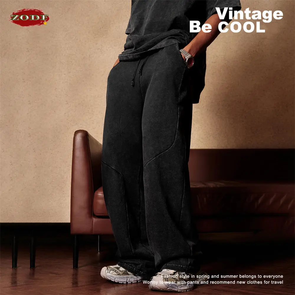 ZODF Retro 2024 Spring Men Washed Cotton Straight Pants Unisex Casual 330gsm Distressed Loose Trousers Brand Clothes HY0830 2