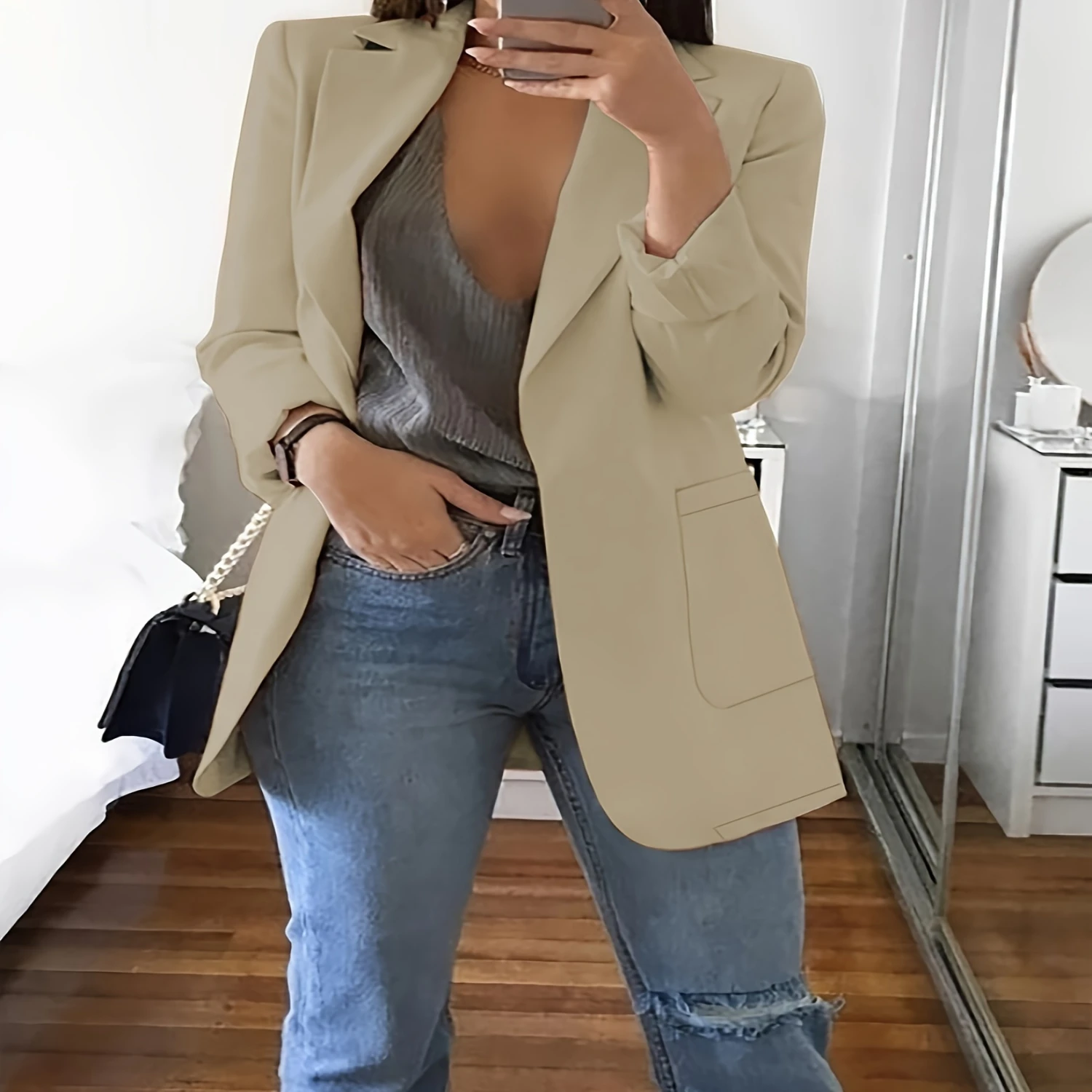 Solid Open Front Blazer, Elegant Lapel Long Sleeve Blazer For Office & Work, Women's Clothing