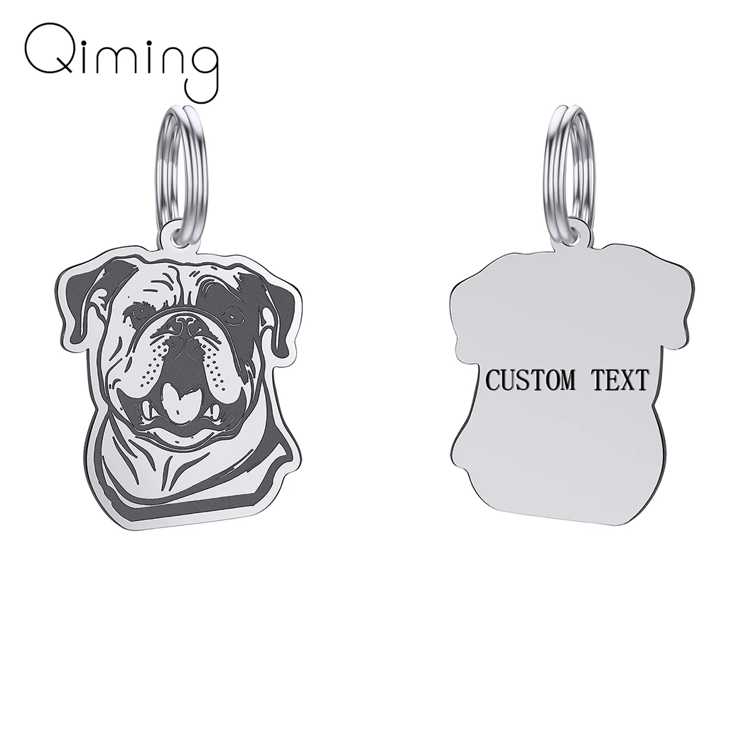 

Именная бирка для домашних животных из нержавеющей стали, Серебряный кулон с гравировкой бульдога, собаки, цепочка для ключей с защитой от потери собак