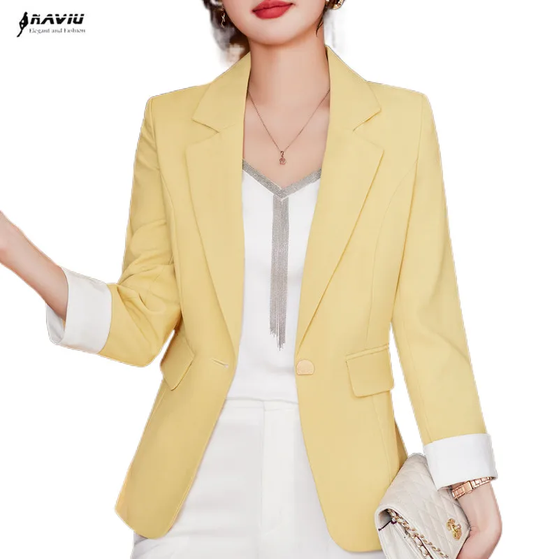 NAVIUYellowBlazerFashionWomenNewSpringSummerTempramentSlim
