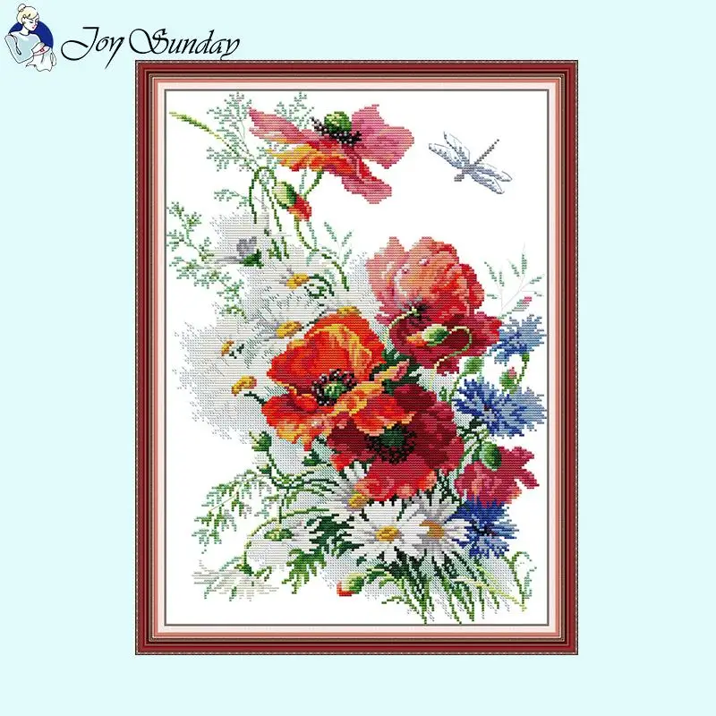 Cross Stitch Kit Daisies and Poppies DIY Floral Pattern Cross Stitch Kit 11CT 14CT 16CT Count Printed Canvas Fabric Needle Thread Embroidery Set
