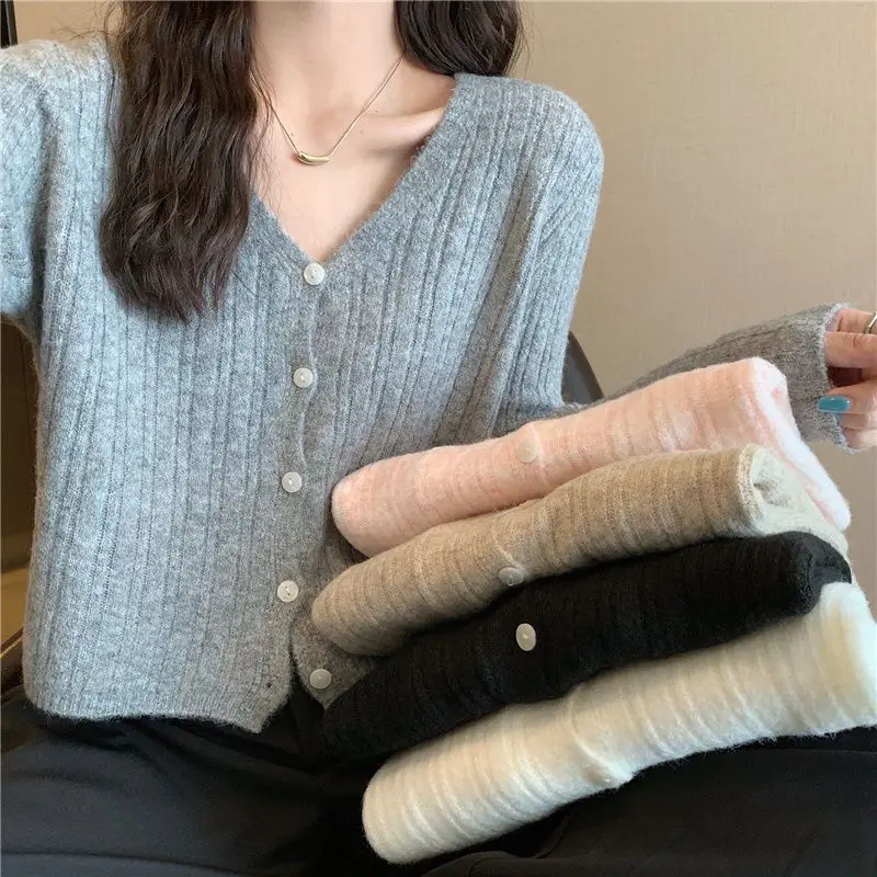 

Solid Women Casual Korean Style Tee Cardigan Clothes Female Vintage England V Neck Black Trend Chic Ropa Mujer Long Sleeve Top