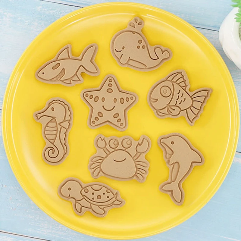 8Pcs/set Ocean Animal 3D Cartoon Cookie Mold Biscuit Cutter Stamps DIY Fondant Plunger Cake Tools Kitchen Baking Pastry Bakeware