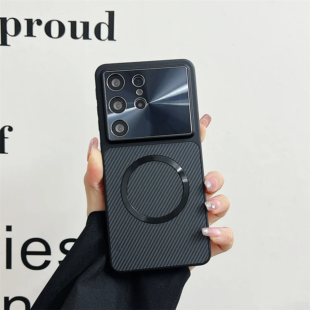 Deluxe Carbon Fiber Magnetic Phone Case with Aurora Lens and Camera Protection - Shockproof Design