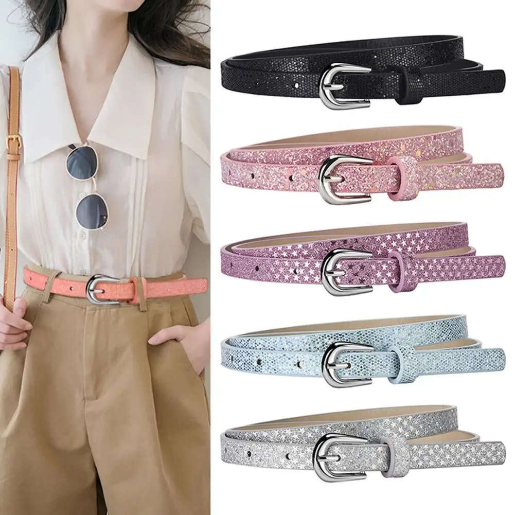 Sequin Belt Multi Holes Design Adjustable Length Waistband Jeans Dress Glittery Faux Leather Belt Clothing Accessory