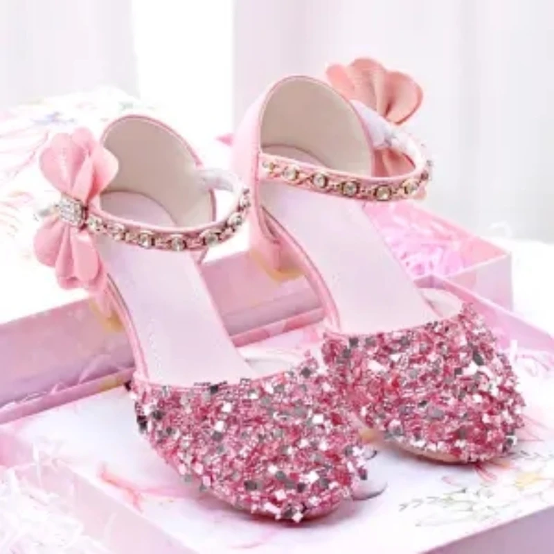 New Princess Girls Shoes Sandals Children Glitter Bow Low Heel Children's Shoes Girls Party Children's Shoes Dance Shoes