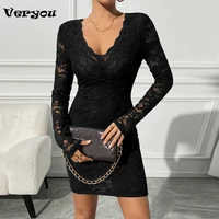Sexy Bodycon Dress Women V Neck Long Sleeve Lace Short Dresses For Women Elegant Mini Dress Club Party Dress