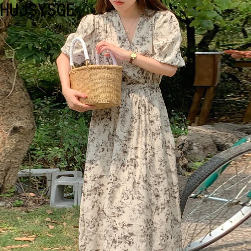 

Koijizayoi Vintage Women Floral Long Dress Short Sleeves V Neck Lace Up Dresses Office Lady Summer Chiffon Vestidos 2023 New