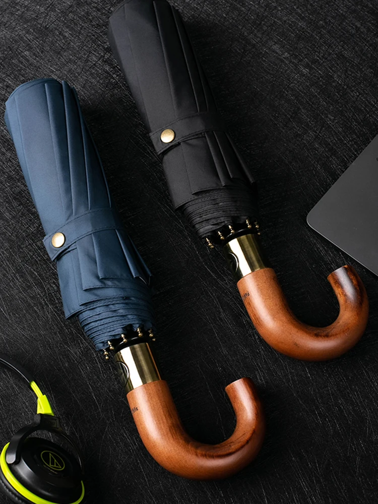 New Large Wood Automatic Umbrella Business Men Brand Big Golf Folding Umbrella Rain Women Auto Vintage Parasol Windproof 10 Ribs