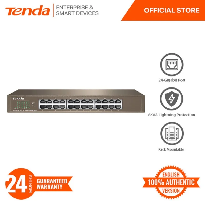 

Tenda TEG1024D v7 24-Port Gigabit Unmanaged Ethernet Switch | 6KVA Lightning Protection | Desktop | Wall | Rack Mount