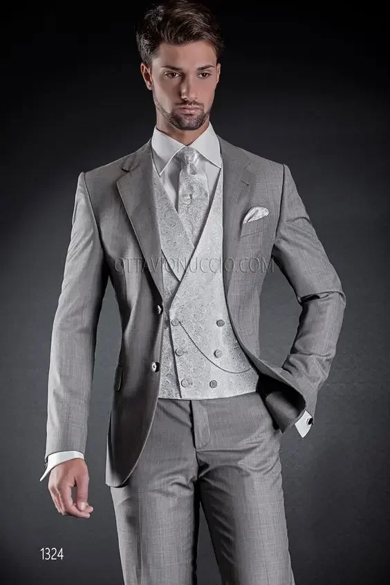 

Italian Grey Double Breasted Suit Slim Fit 3 Piece Tuxedo Custom Groom Classic Blazer Prom Suit Terno Masuclino Costume Homme