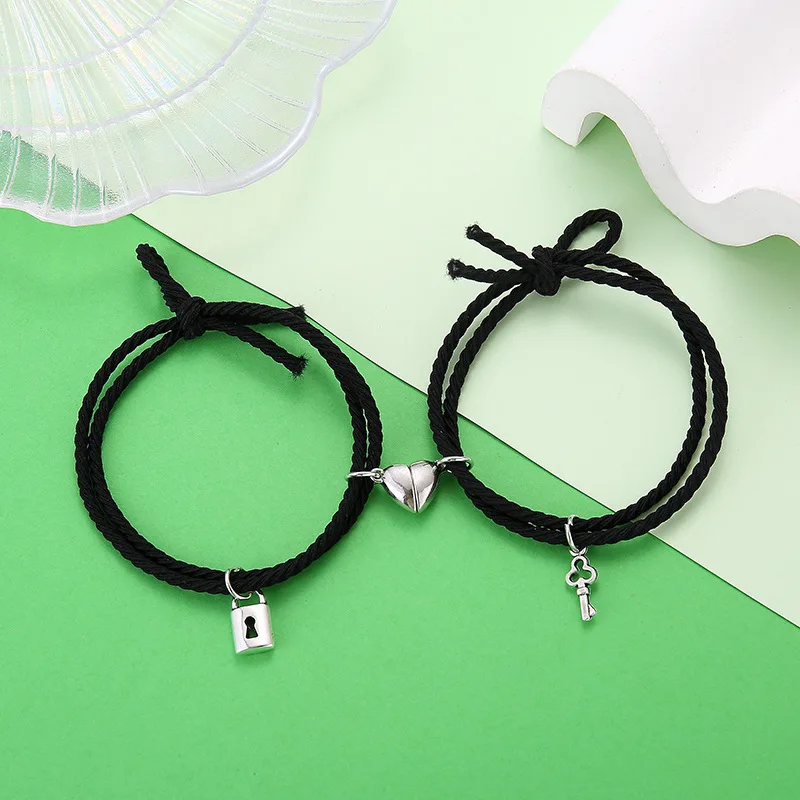 

1 Pair Magnet Couple Bracelets for Lovers Lock Heart Magnetic Bracelet for Women Men Adjustable Braided Rope Jewelry Gift