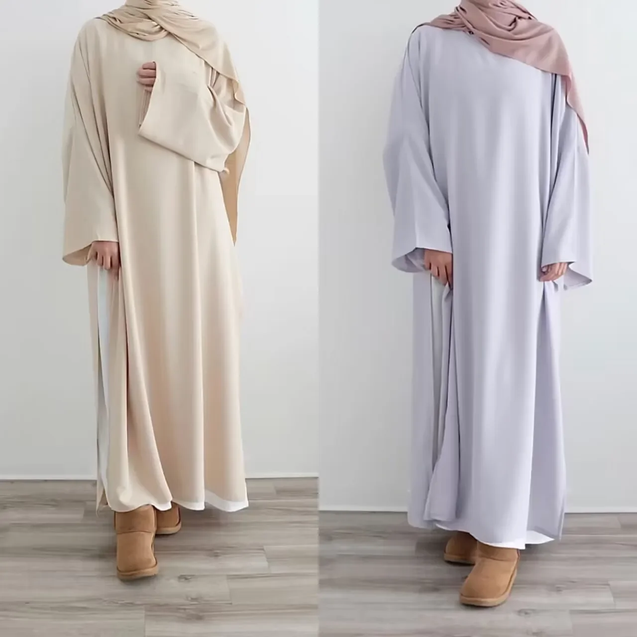 Muslim 2 Piece Set casual Abaya+ White Inner Dress Plain Abayas for Women Dubai Turkey Ramadan Eid Islam Clothing Prayer Outfit