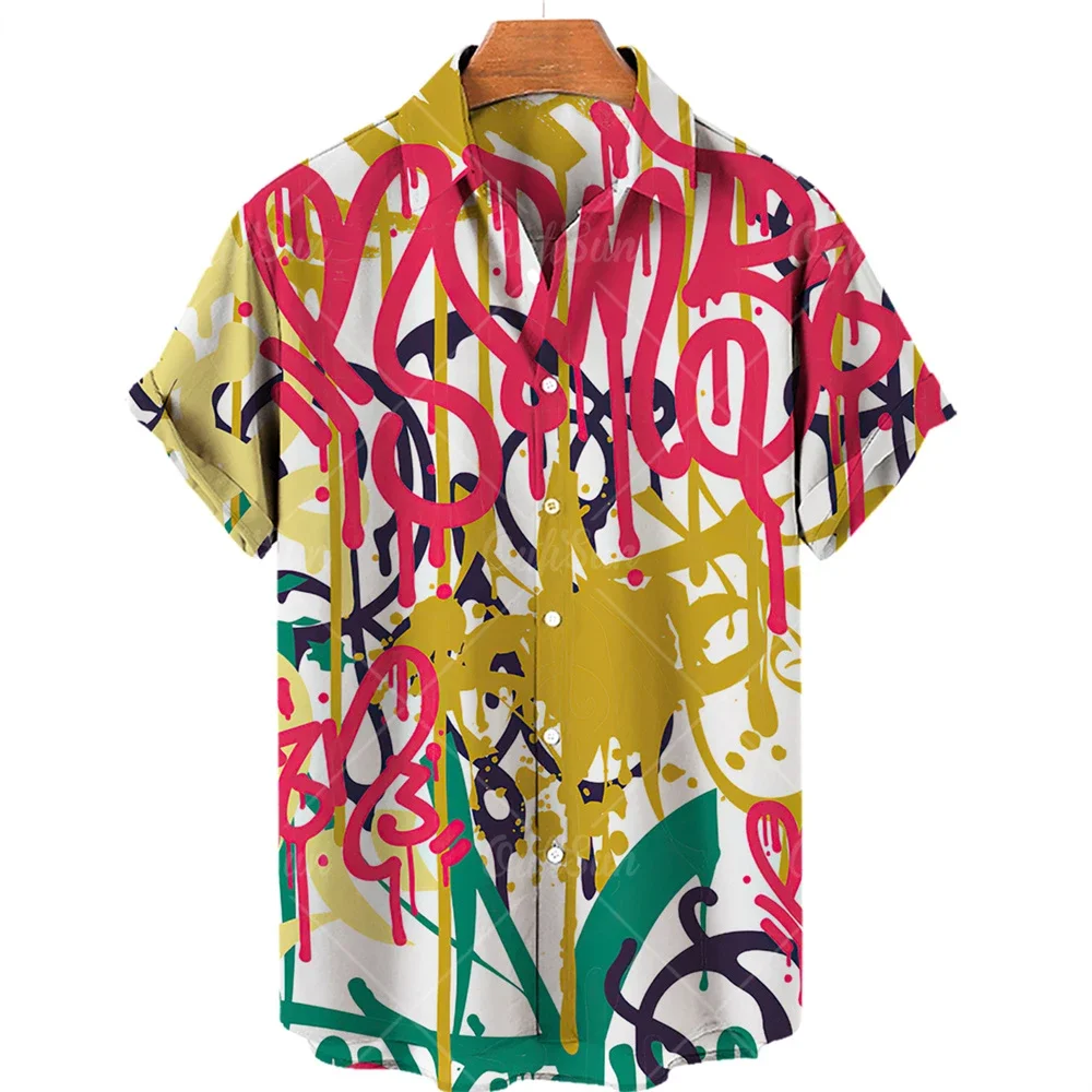 

2022 Graffiti Oversized Flower Summer Beach Travel New Men's Slim Short Sleeve Lapel Hawaiian Shirt Hot Style