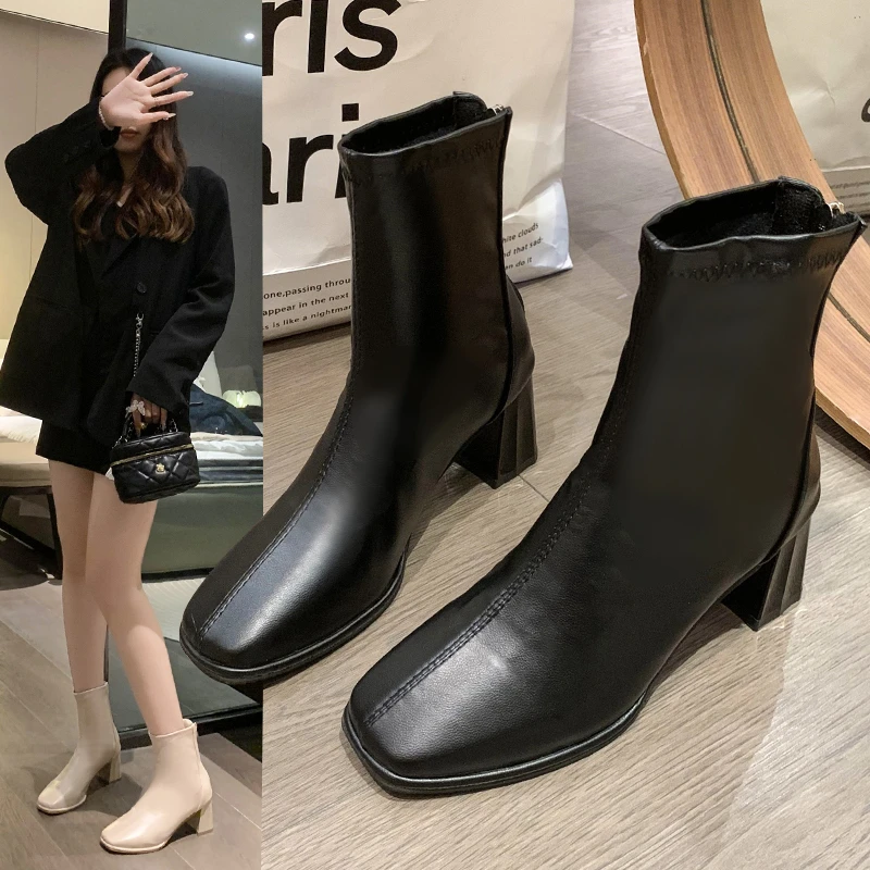 

Luxury Brand Women Beige Block High Heels Ankle Boots 2023 Winter Female Square Toe Chelsea Boots High Quality Short Boots