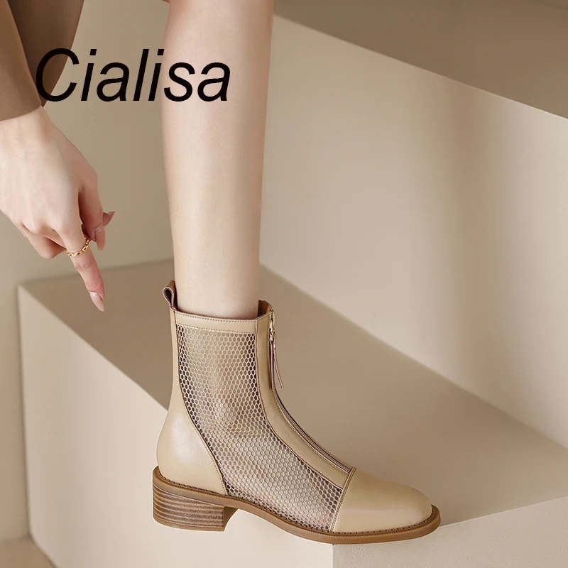 

Cialisa Summer Mesh Short Boots For Women 2023 Round Toe Fashion Zipper Handmade Mid Heels Ladies Ankle Boots Apricot Sizes 41