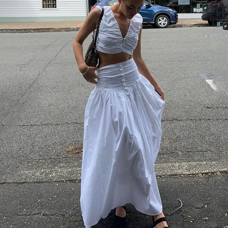 White Pleated 2 Piece-Set Maxi Skirt Women V-Neck Cropped Top And Patchwork Fashion Long Skirt Sets Ladies Solid Outfits