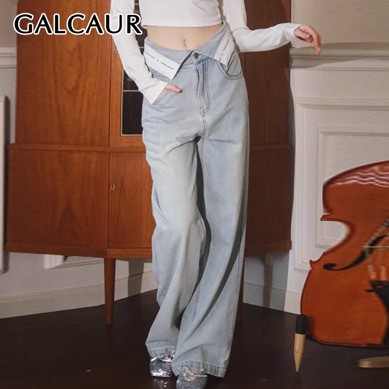 

GALCAUR Chic Jeans For Women High Waist Spliced Button Minimalist Patchwork Pockets Loose Wide Leg Pants Female Fashion Clothes