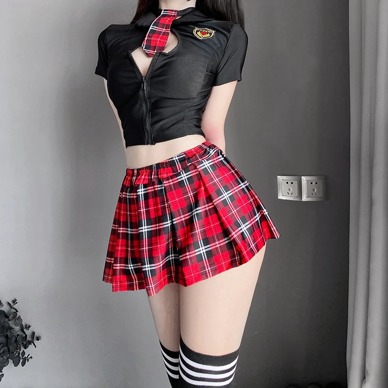 Tartan Patchwork Japanese Schoolgirl Cosplay Uniform Set Sexy JK Embroidery Pleated Role Playing Costume Plaid Skirt Socks women cosplay costume