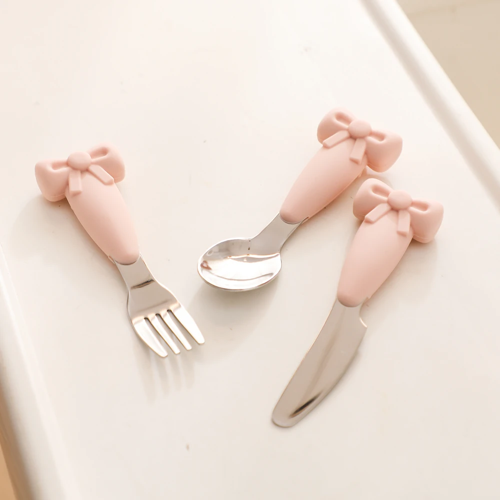 Baby Tableware Set BPA Free Silicone Bow Dish Tie Bowl Fork Food Plate Stainless Spoon Non-slip Tableware Newborn Feeding Tool silicone meal set silicone feeding set baby tableware set