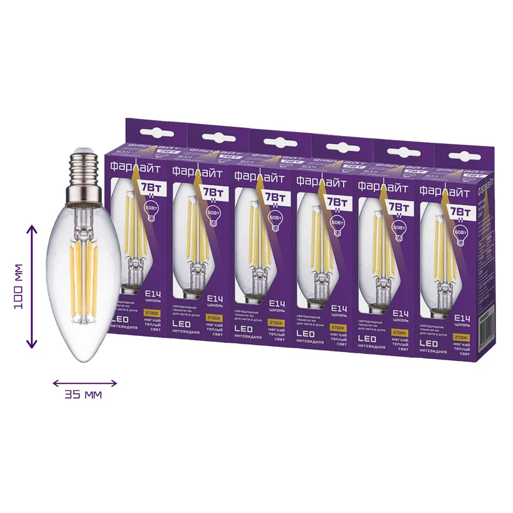 Lamp LED filament farlight candle C35 warm white light 2700 K E14 7 W 6 PCs |