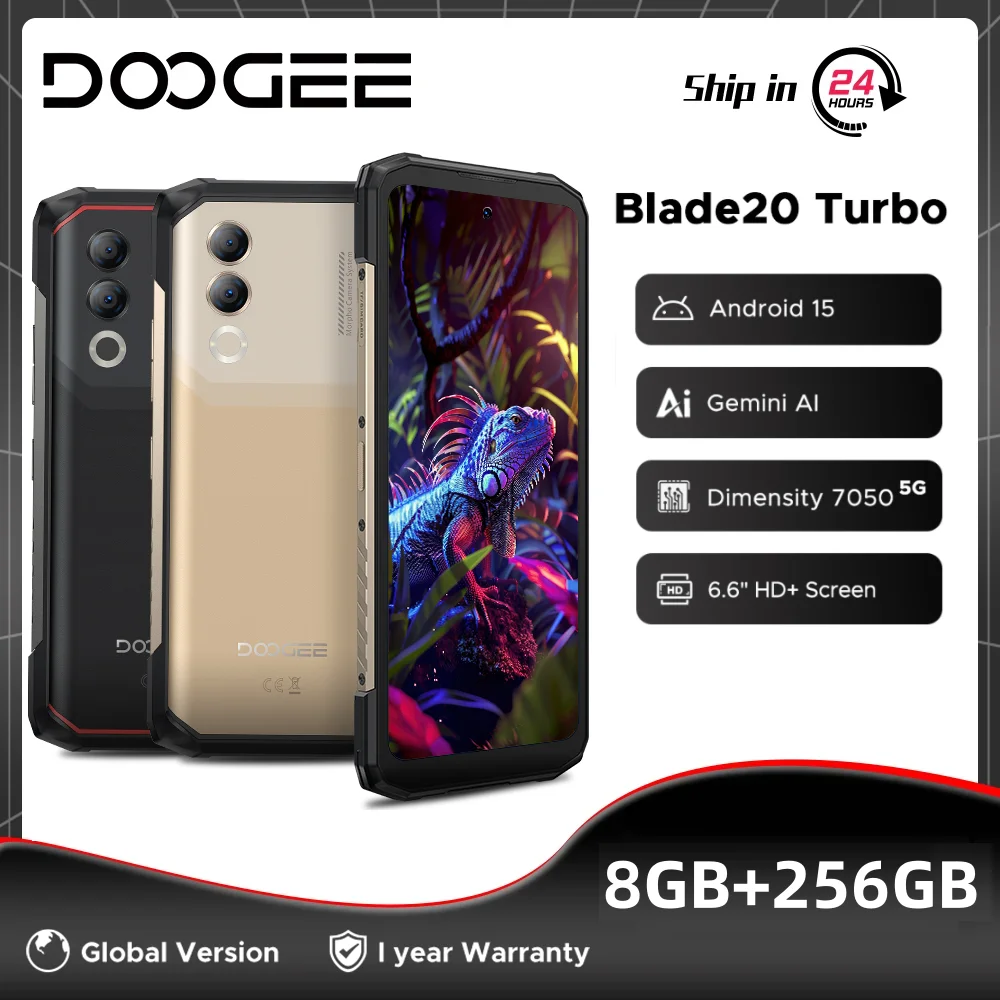Global Version DOOGEE Blade20 Turbo 5G Rugged Phone 32GB(8+24) 256GB Dimensity 7050 6.6” HD IPS 10300mAh Battery Android 15 NFC