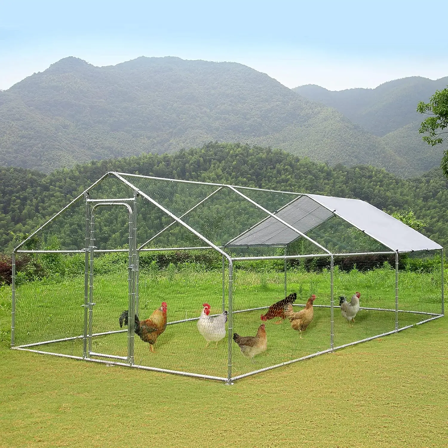 Metal Large Chicken Coop, Spire Shape Walk-in Poultry Chicken Hen cage, Rabbits Duck Cages with Waterproof and Anti-Ultraviolet 4