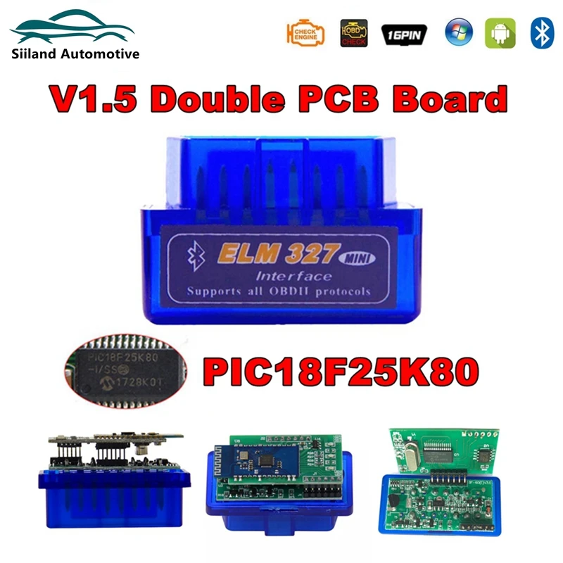 

Super Mini Elm327 Bluetooth OBD2 V1.5 2PCB плата PIC18F25K80 для автомобиля Elm-327 OBDII код диагностические инструменты