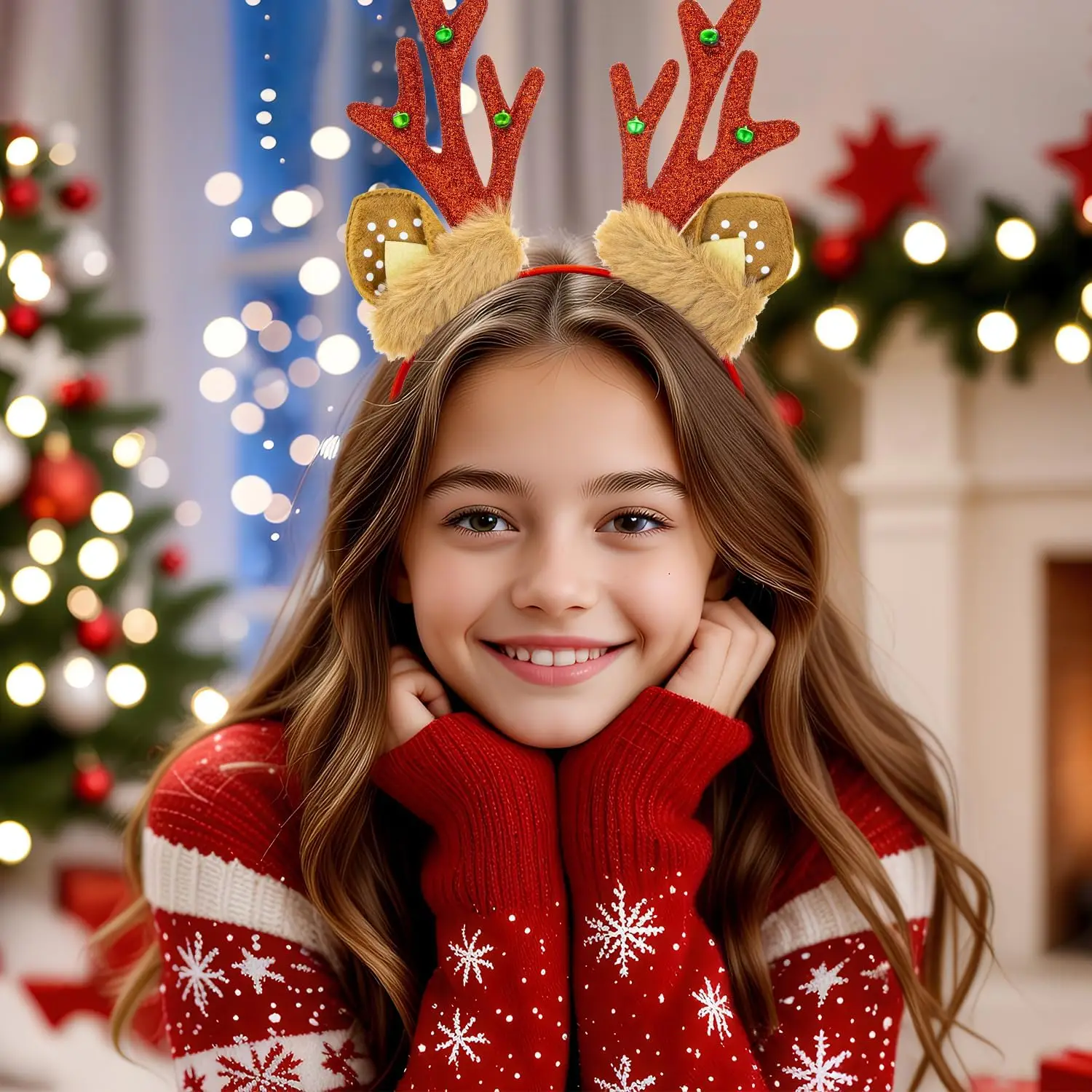 1PC Christmas Reindeer Antlers Headband Glittery With Faux Fur Ears, Festive Holiday Party Hair Accessory For Women & Girls