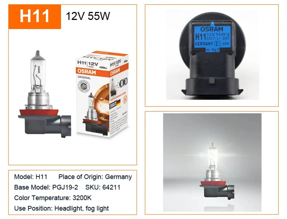 OSRAM H11 64211 PGJ19-2 Original Line Bulb Halogen Headlight 12V 55W 3200K Auto Lamp Fog Light OEM ECE Made in Germany (10PCS) 6