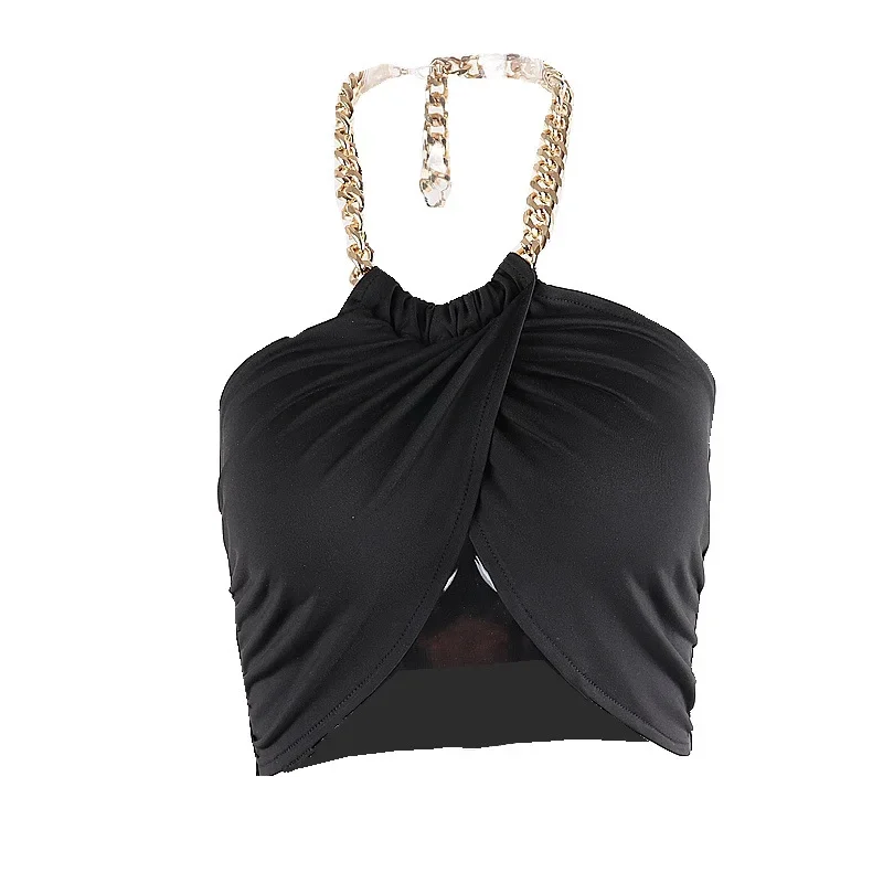 

Bottom-wrapped Chest Vest Women's Summer Sexy Metal Chain Decorative Neck Top Backless Cropped Black Packaging Top Sexy Street