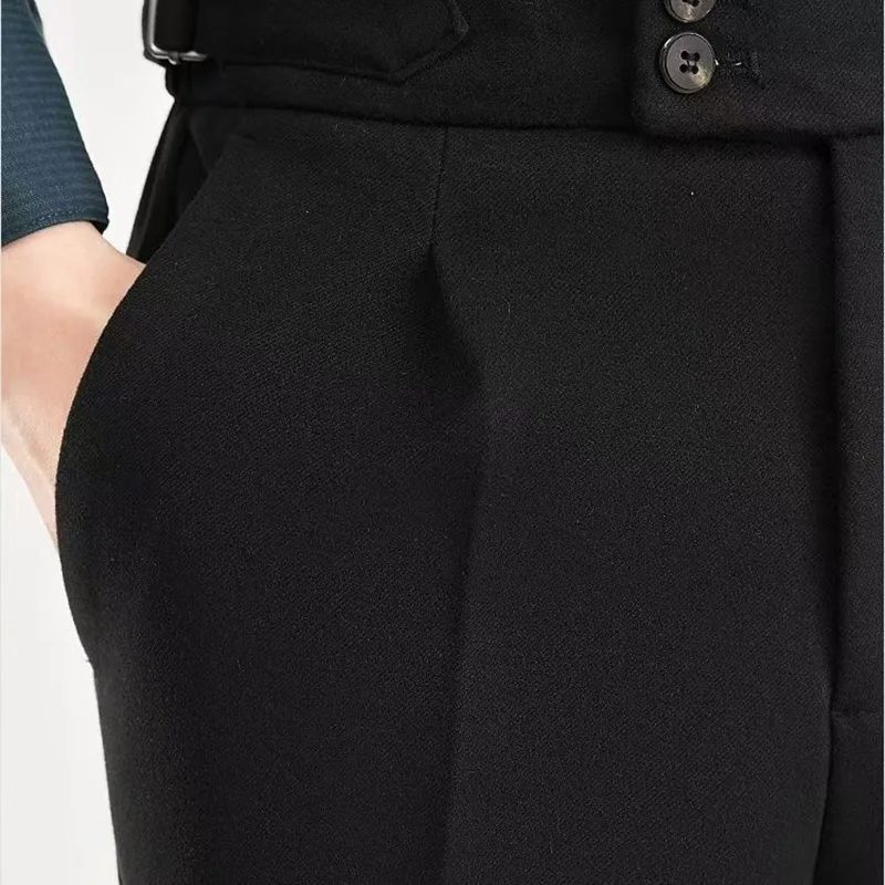 Fashion Naples Suit Pants Men England Style High Waist Business Straight Slim Trouser Autumn Winter Woolen Vintage Gurkha Pant 4