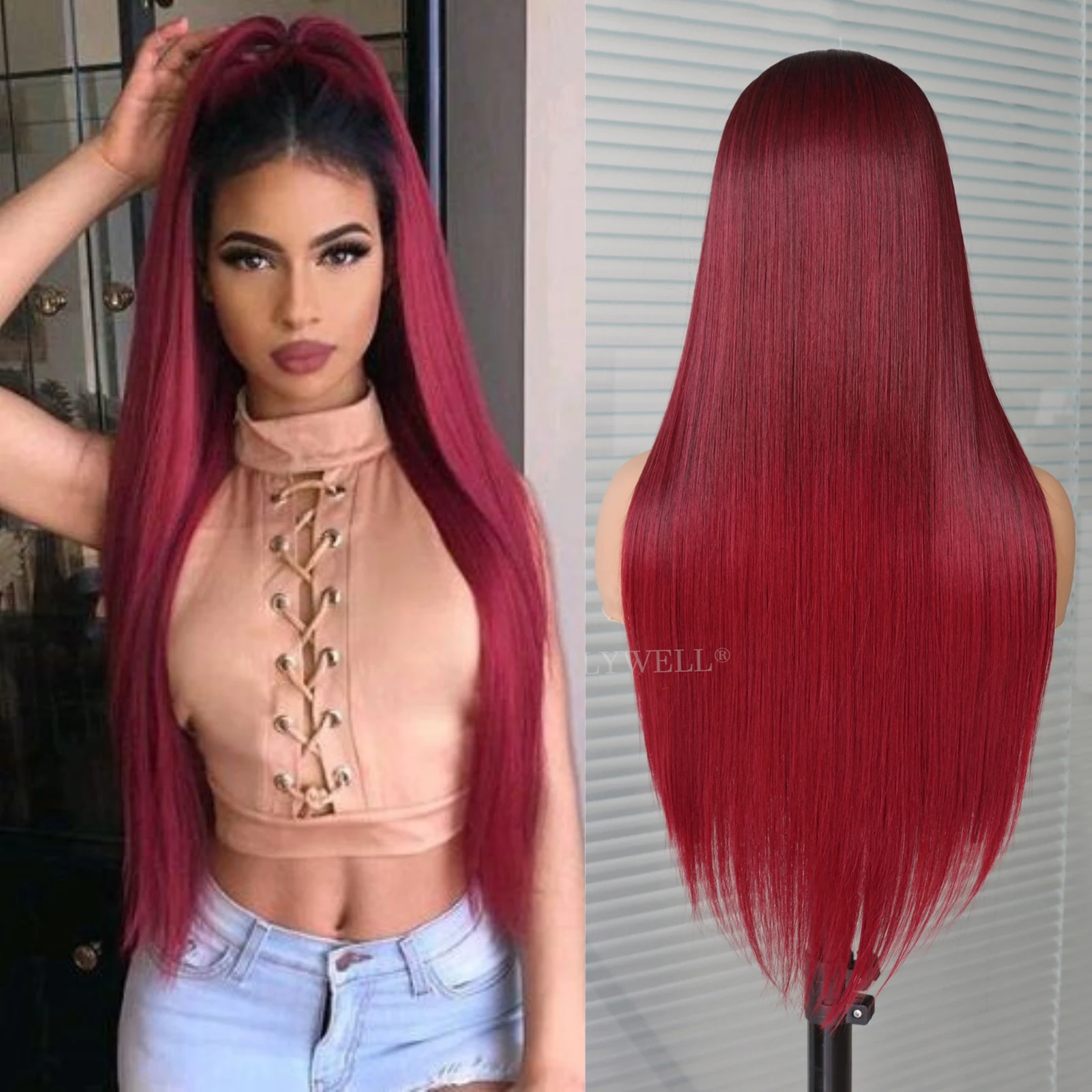 Burgundy Red Synthetic 13x4Lace Front Wigs Long Silk Straight Wine Red Color Wig with Baby Hair High Temperature Fiber for Women
