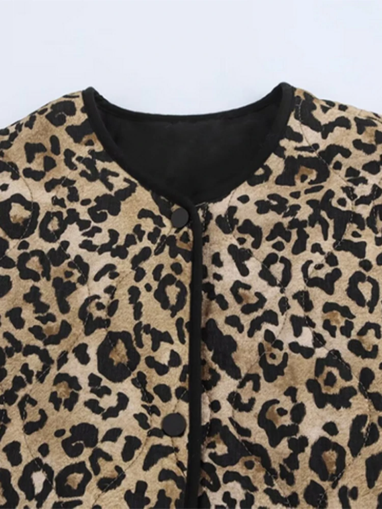 Vintage Leopard Cotton Coat  Women Loose O-neck Long Sleeve Single Breasted Pockets Jacket 2024 Autumn New Lady Casual Outwear 3