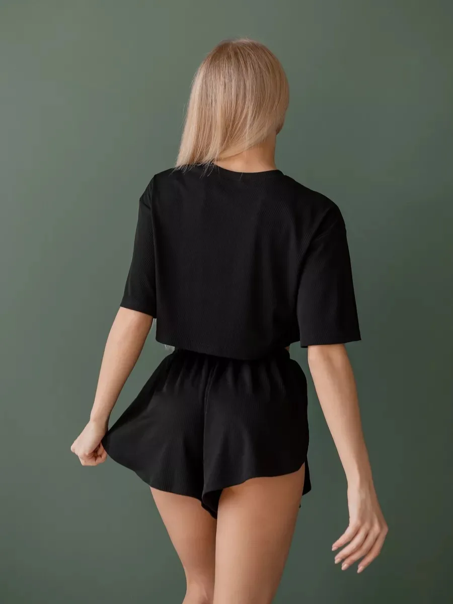 2026 New women's sexy pajama set short sleeved T-shirt split shorts pajama 2-piece set casual round neck elastic home wear