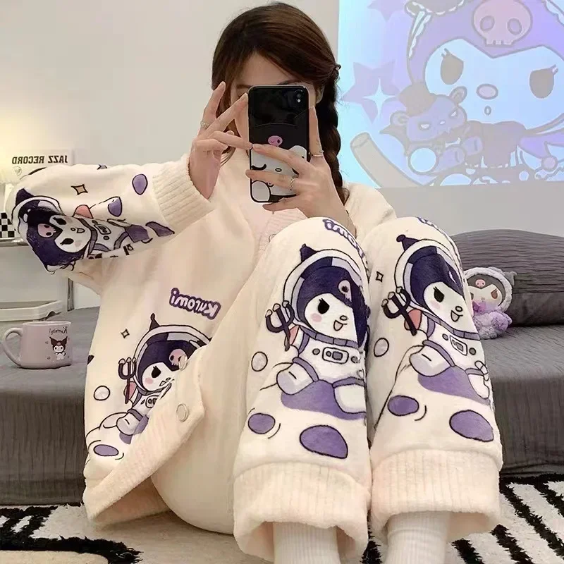 

Autumn Winter Kawaii Cartoon Pajama Sets Women Pyjamas Warm Flannel Loung Sleepwear Girl Pijama Mujer Night Suits Homewear PJ